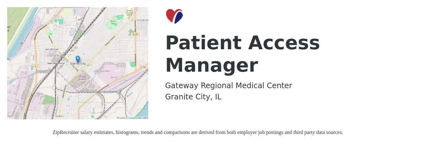 Gateway Regional Medical Center job posting for a Patient Access Manager in Granite City, IL with a salary of $24 to $37 Hourly with a map of Granite City location.