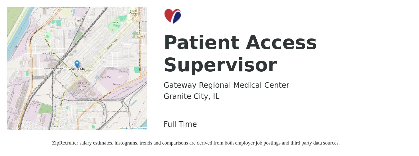 Gateway Regional Medical Center job posting for a Patient Access Supervisor in Granite City, IL with a salary of $24 to $37 Hourly with a map of Granite City location.