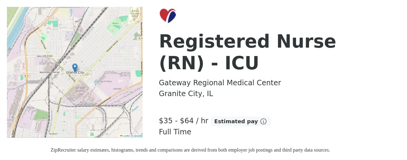 Gateway Regional Medical Center job posting for a Registered Nurse (RN) - ICU in Granite City, IL with a salary of $1,870 to $2,630 Weekly with a map of Granite City location.