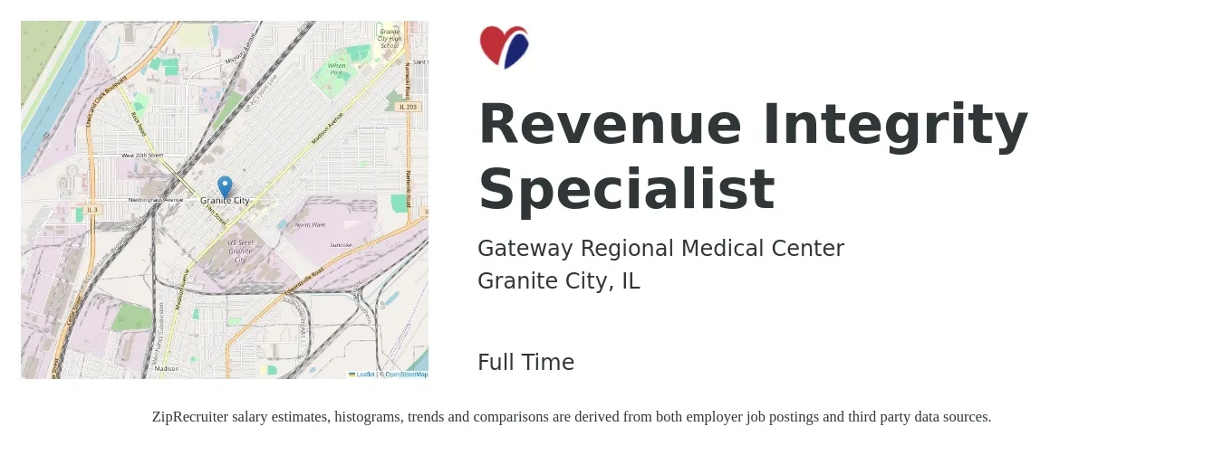 Gateway Regional Medical Center job posting for a Revenue Integrity Specialist in Granite City, IL with a salary of $47,600 to $79,100 Yearly with a map of Granite City location.