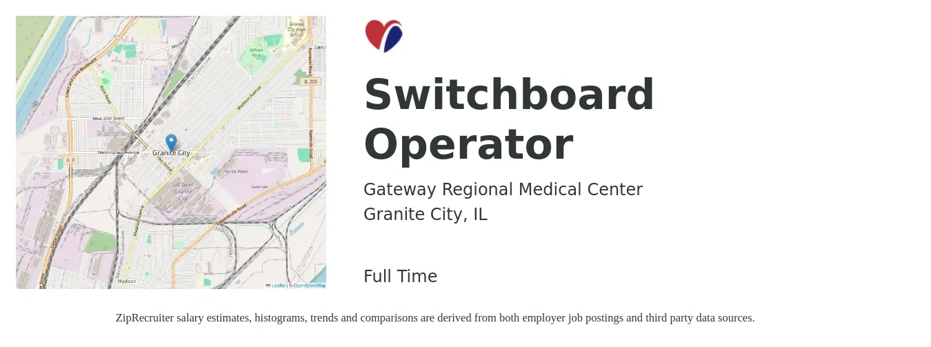 Gateway Regional Medical Center job posting for a Switchboard Operator in Granite City, IL with a salary of $14 to $18 Hourly with a map of Granite City location.