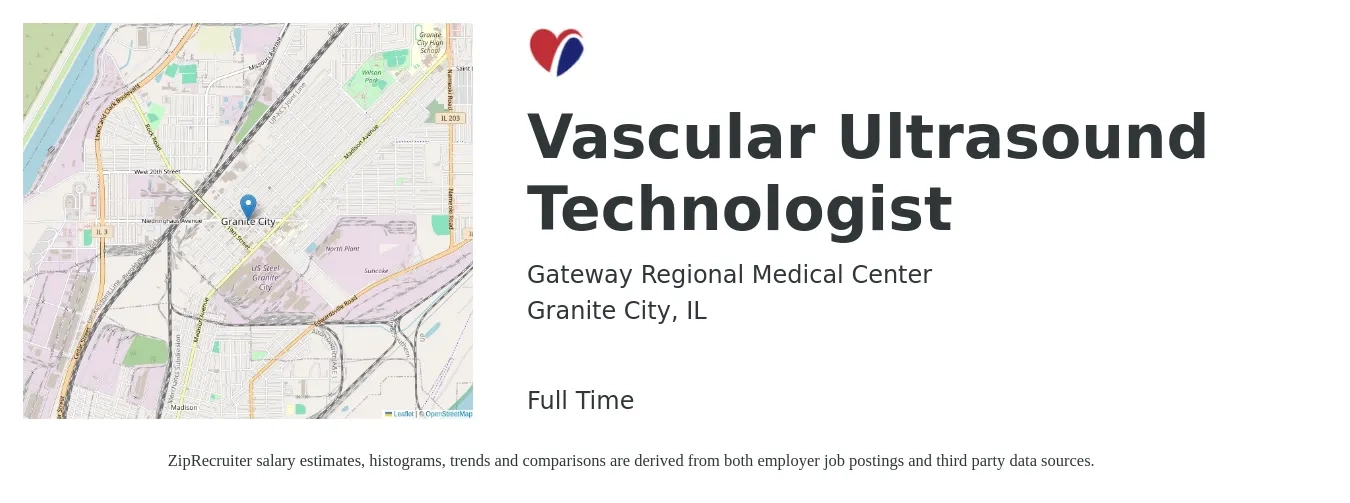 Gateway Regional Medical Center job posting for a Vascular Ultrasound Technologist in Granite City, IL with a salary of $1,330 to $2,420 Weekly with a map of Granite City location.
