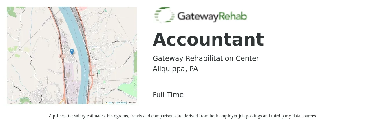 Gateway Rehabilitation Center job posting for a ACCOUNTANT in Aliquippa, PA with a salary of $46,600 to $64,300 Yearly with a map of Aliquippa location.