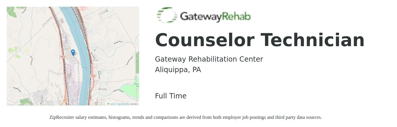Gateway Rehabilitation Center job posting for a Counselor Technician in Aliquippa, PA with a salary of $12 to $16 Hourly with a map of Aliquippa location.