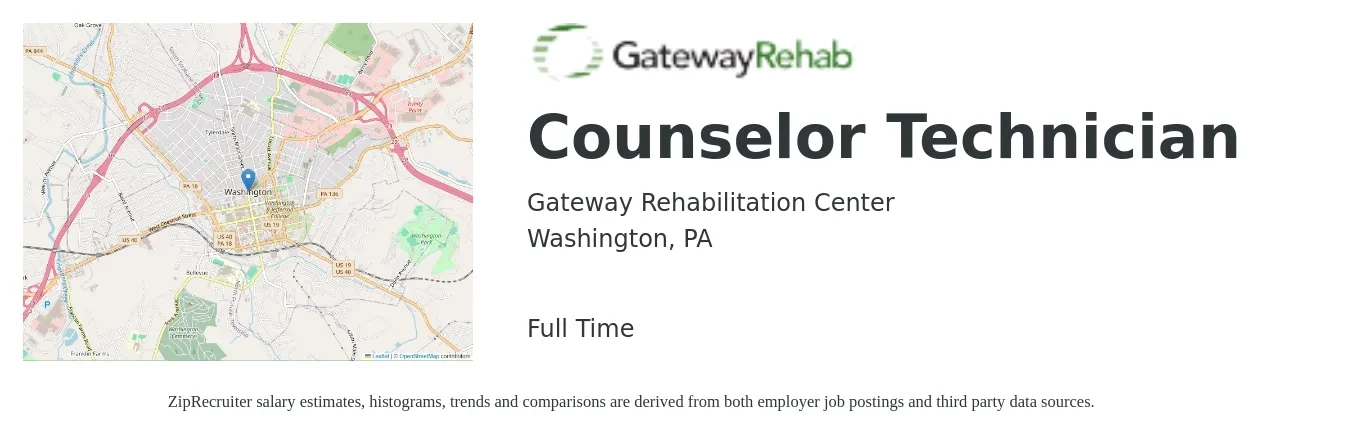 Gateway Rehabilitation Center job posting for a Counselor Technician in Washington, PA with a salary of $12 to $16 Hourly with a map of Washington location.