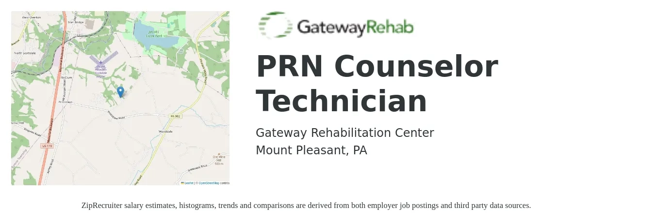 Gateway Rehabilitation Center job posting for a PRN Counselor Technician in Mount Pleasant, PA with a salary of $13 to $20 Hourly with a map of Mount Pleasant location.