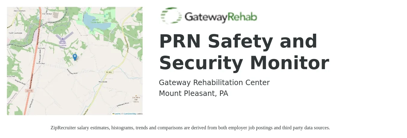 Gateway Rehabilitation Center job posting for a PRN Safety and Security Monitor in Mount Pleasant, PA with a salary of $16 to $20 Hourly with a map of Mount Pleasant location.