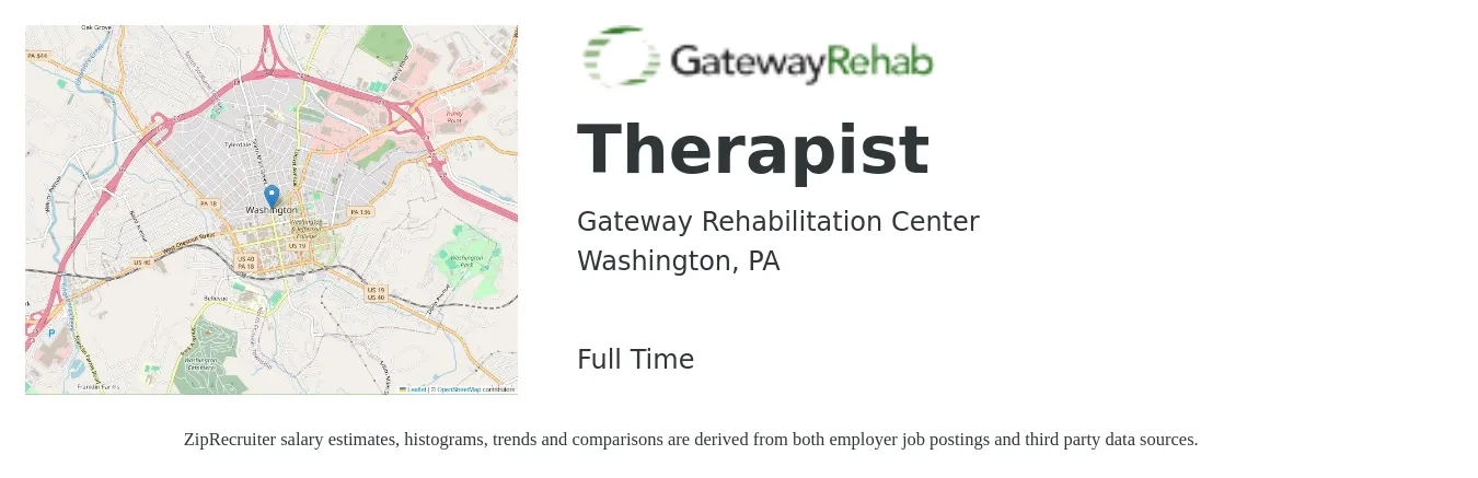 Gateway Rehabilitation Center job posting for a Therapist in Washington, PA with a salary of $48,300 to $66,900 Yearly with a map of Washington location.