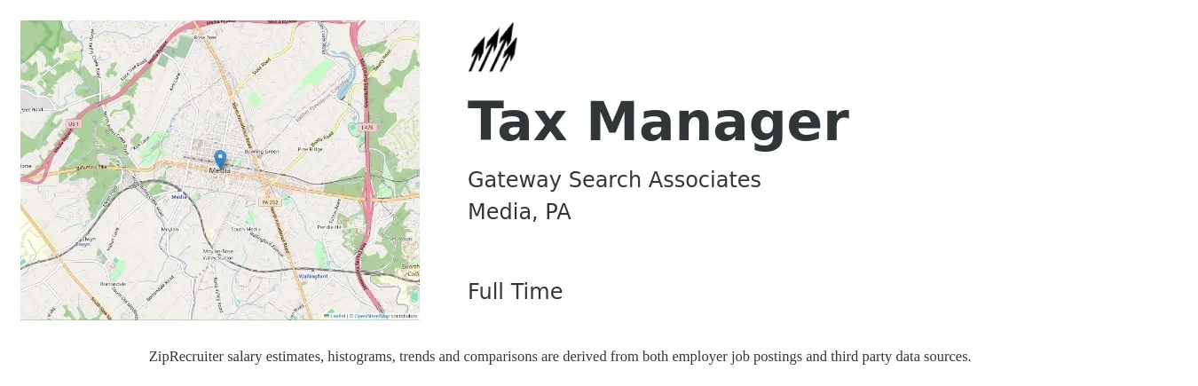 Gateway Search Associates job posting for a Tax Manager in Media, PA with a salary of $110,500 to $144,800 Yearly with a map of Media location.