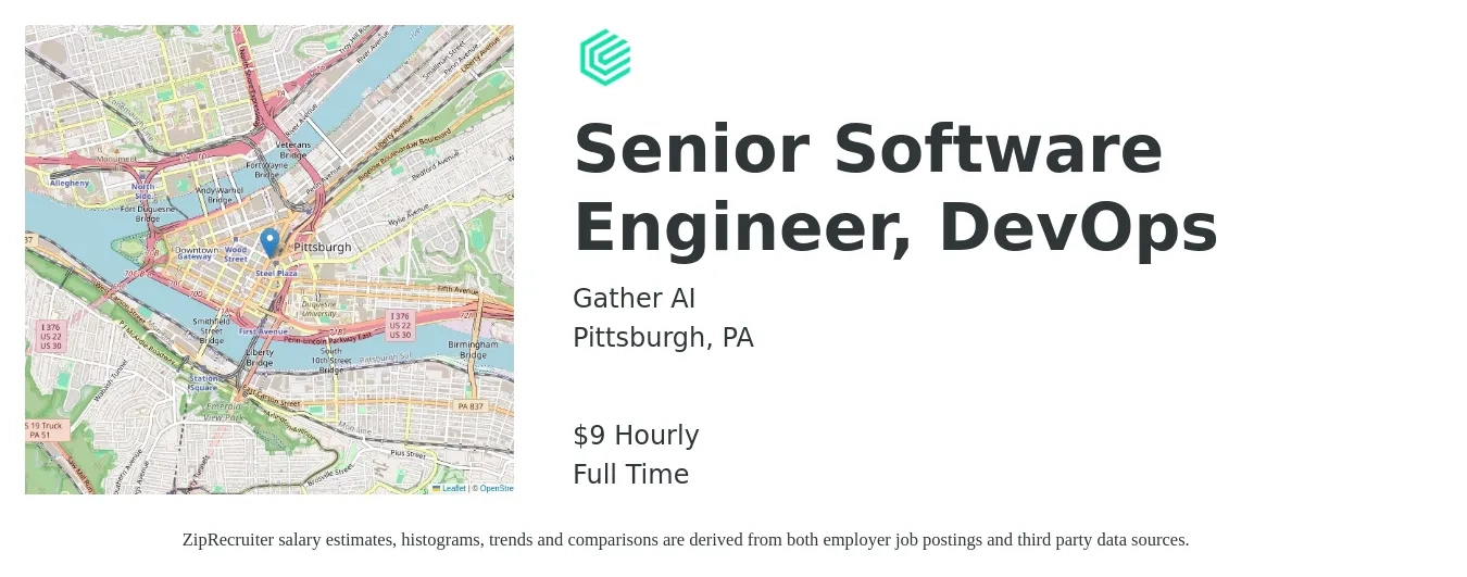 Gather AI job posting for a Senior Software Engineer, DevOps in Pittsburgh, PA with a salary of $10 Hourly with a map of Pittsburgh location.