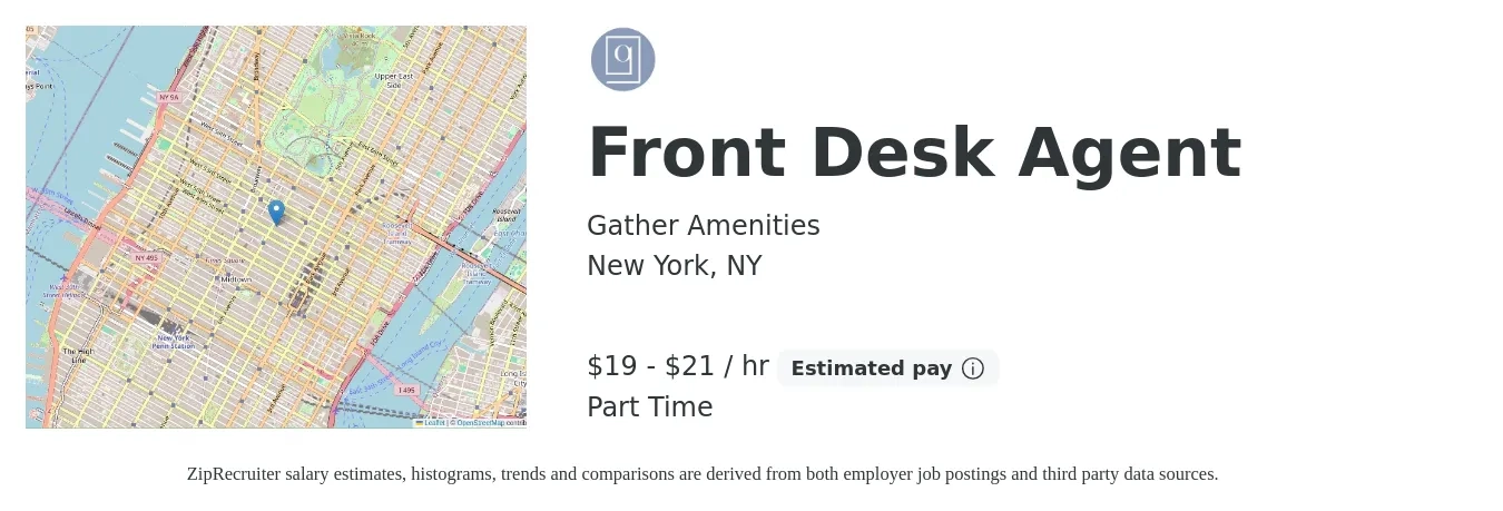 Gather Amenities job posting for a Front Desk Agent in New York, NY with a salary of $20 to $22 Hourly with a map of New York location.