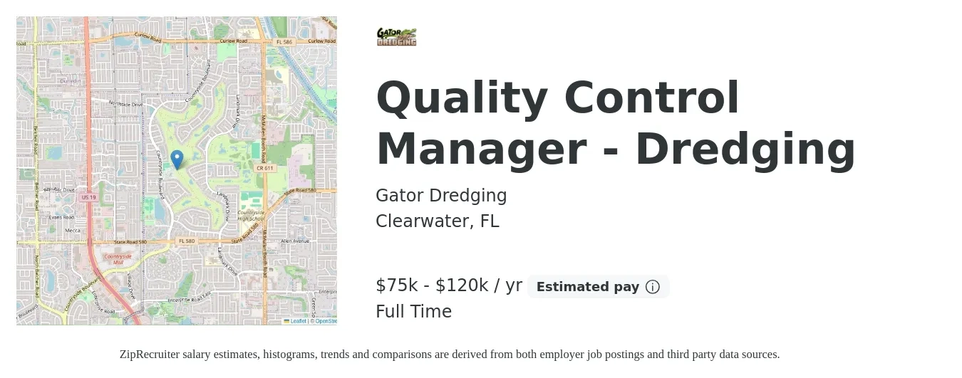 Gator Dredging job posting for a Quality Control Manager - Dredging in Clearwater, FL with a salary of $75,000 to $120,000 Yearly with a map of Clearwater location.