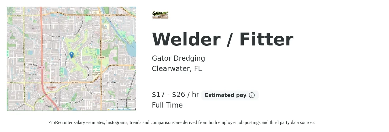 Gator Dredging job posting for a Welder / Fitter in Clearwater, FL with a salary of $18 to $28 Hourly with a map of Clearwater location.