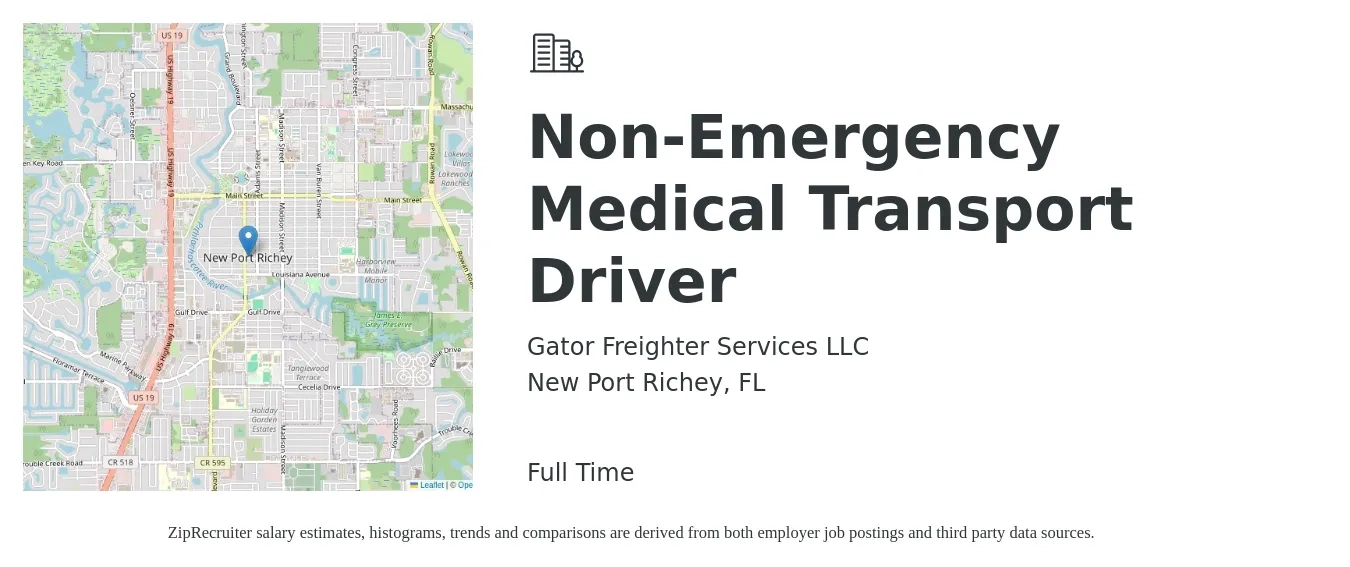 Gator Freighter Services LLC job posting for a Non-Emergency Medical Transport Driver in New Port Richey, FL with a salary of $14 to $21 Hourly with a map of New Port Richey location.