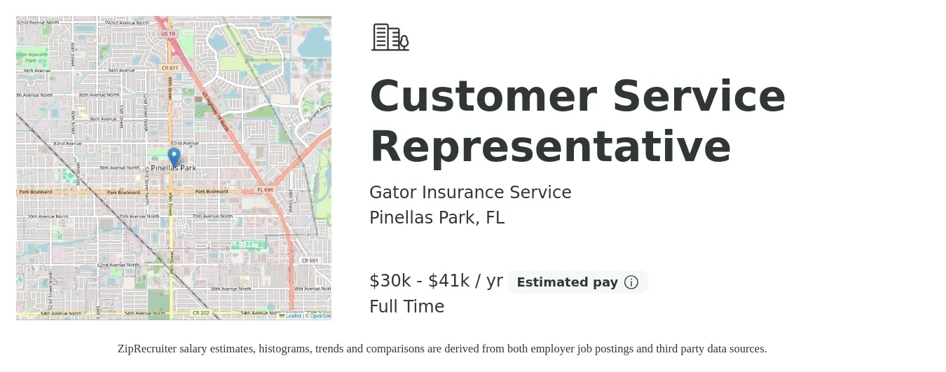 Gator Insurance Service job posting for a Customer Service Representative in Pinellas Park, FL with a salary of $30,000 to $41,600 Yearly (plus commission) with a map of Pinellas Park location.