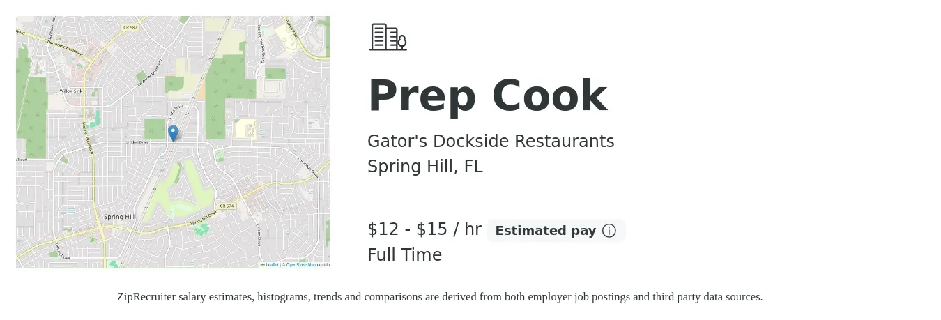 Gator's Dockside Restaurants job posting for a Prep Cook in Spring Hill, FL with a salary of $13 to $16 Hourly with a map of Spring Hill location.