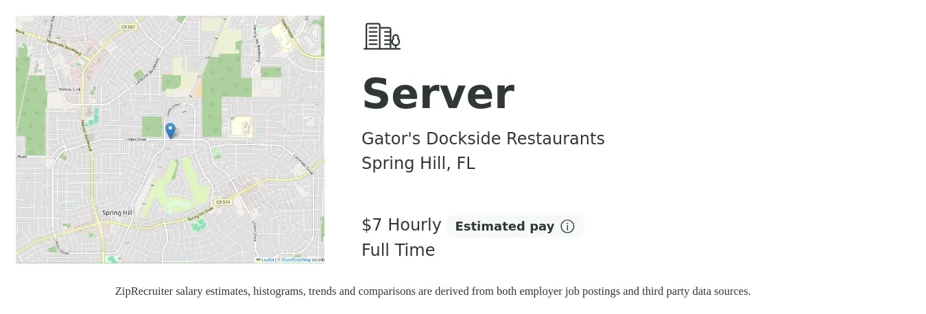 Gator's Dockside Restaurants job posting for a Server in Spring Hill, FL with a salary of $8 Hourly with a map of Spring Hill location.