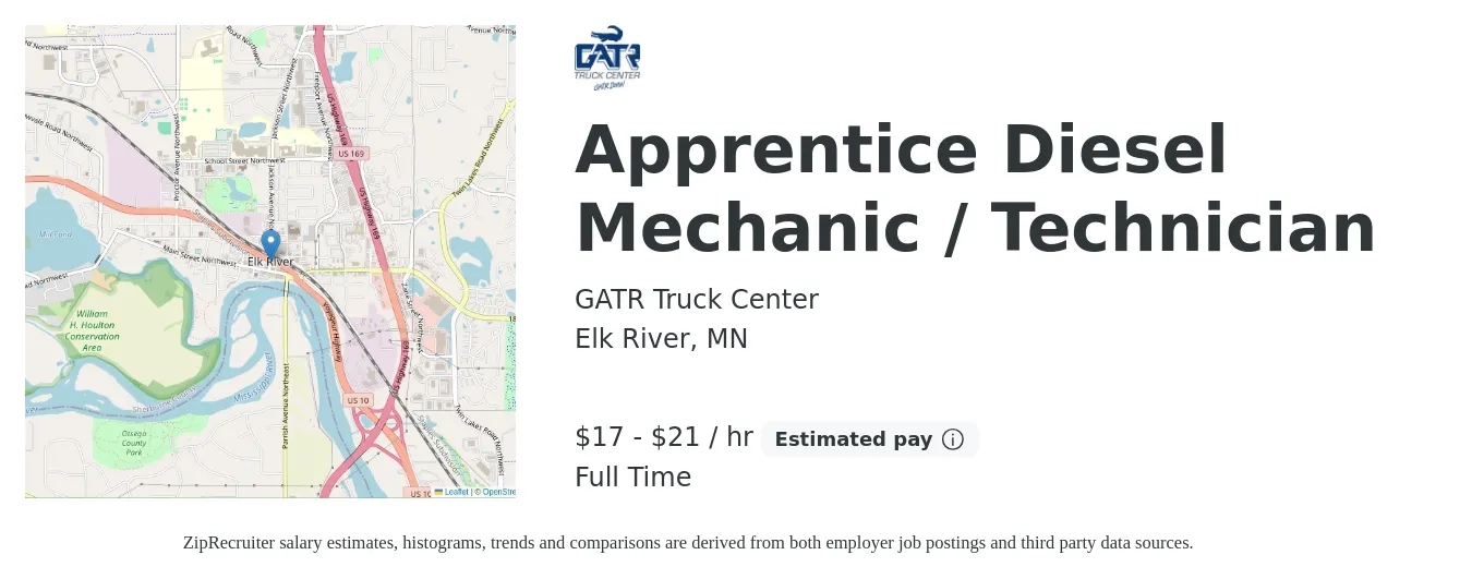 GATR Truck Center job posting for a Apprentice Diesel Mechanic / Technician in Elk River, MN with a salary of $18 to $22 Hourly with a map of Elk River location.