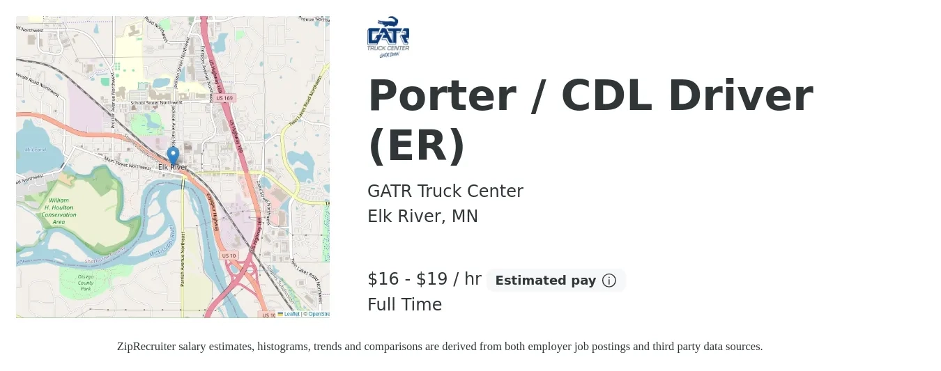GATR Truck Center job posting for a Porter / CDL Driver (ER) in Elk River, MN with a salary of $17 to $20 Hourly with a map of Elk River location.
