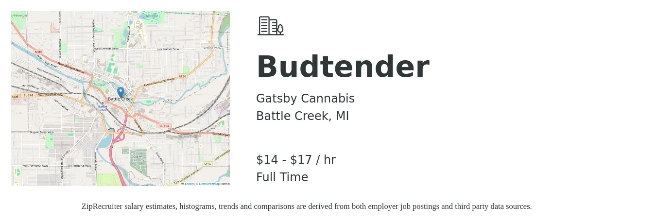 Gatsby Cannabis job posting for a Budtender in Battle Creek, MI with a salary of $15 to $18 Hourly with a map of Battle Creek location.