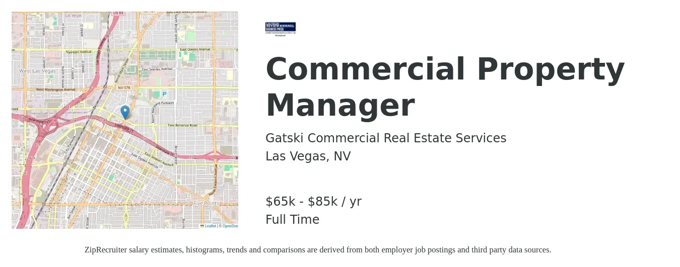 Gatski Commercial Real Estate Services job posting for a Commercial Property Manager in Las Vegas, NV with a salary of $65,000 to $85,000 Yearly with a map of Las Vegas location.