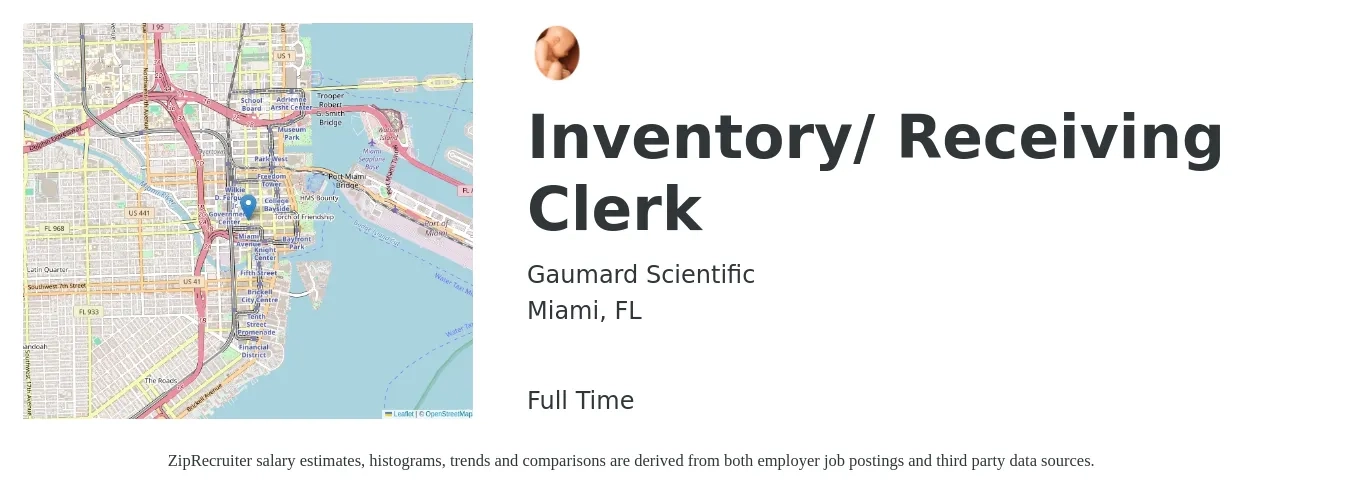Gaumard Scientific job posting for a Inventory/ Receiving Clerk in Miami, FL with a salary of $16 to $19 Hourly with a map of Miami location.
