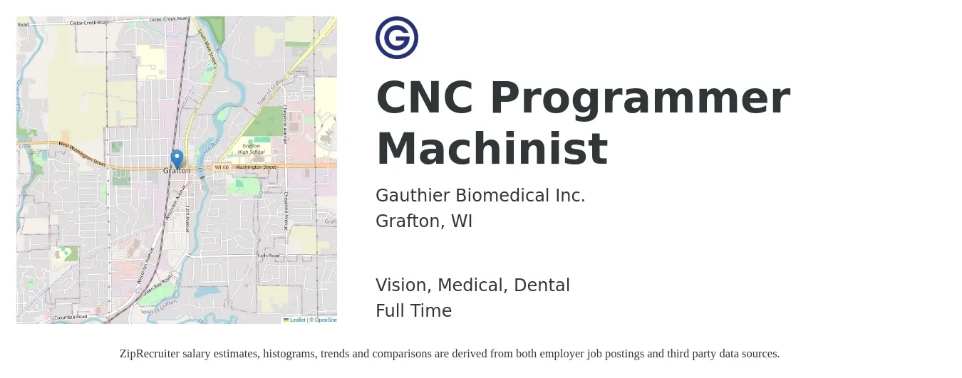 Gauthier Biomedical Inc. job posting for a CNC Programmer Machinist in Grafton, WI with a salary of $26 to $36 Hourly and benefits including life_insurance, medical, pto, retirement, vision, and dental with a map of Grafton location.