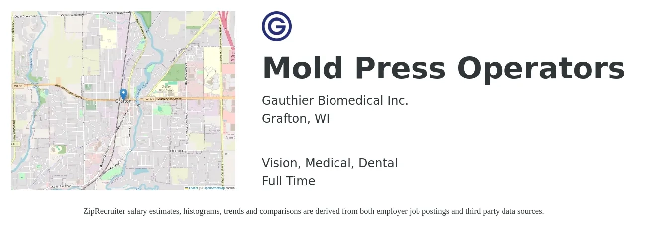 Gauthier Biomedical Inc. job posting for a Mold Press Operators in Grafton, WI with a salary of $16 to $21 Hourly and benefits including dental, life_insurance, medical, pto, retirement, and vision with a map of Grafton location.