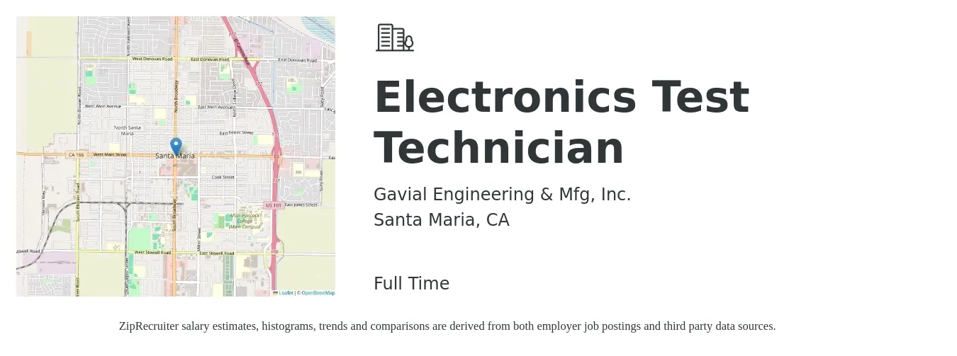 Gavial Engineering & Mfg, Inc. job posting for a Electronics Test Technician in Santa Maria, CA with a salary of $24 to $28 Hourly with a map of Santa Maria location.