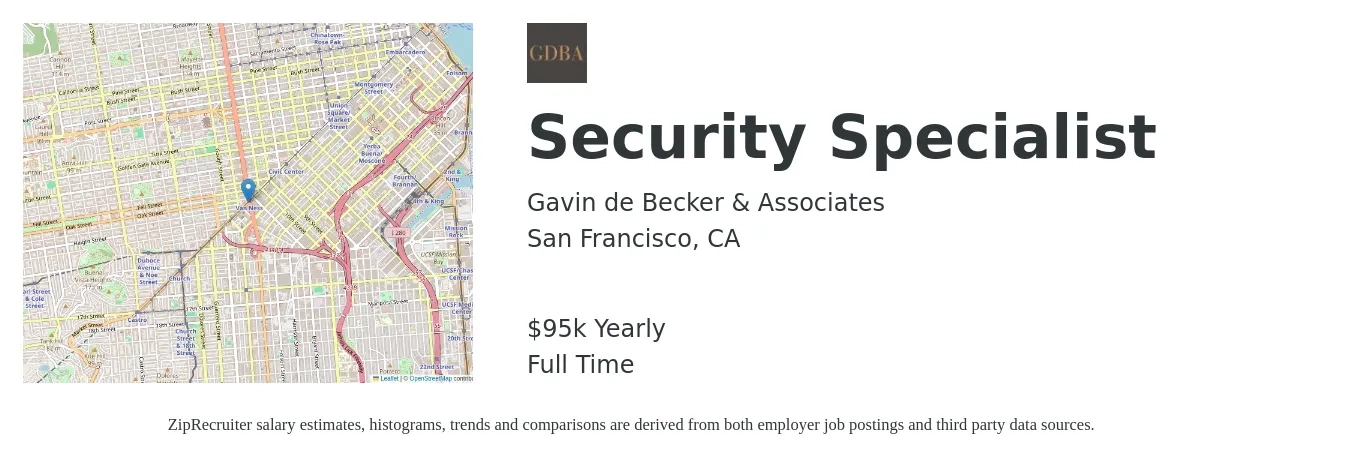 Gavin de Becker & Associates job posting for a Security Specialist in San Francisco, CA with a salary of $85,000 Yearly with a map of San Francisco location.