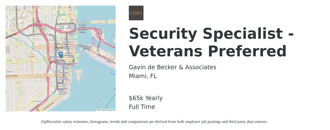 Gavin de Becker & Associates job posting for a Security Specialist - Veterans Preferred in Miami, FL with a salary of $65,000 Yearly with a map of Miami location.