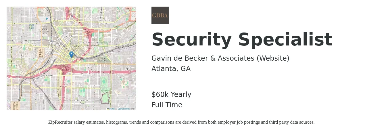 Gavin de Becker & Associates job posting for a Security Specialist in Atlanta, GA with a salary of $60,000 Yearly with a map of Atlanta location.