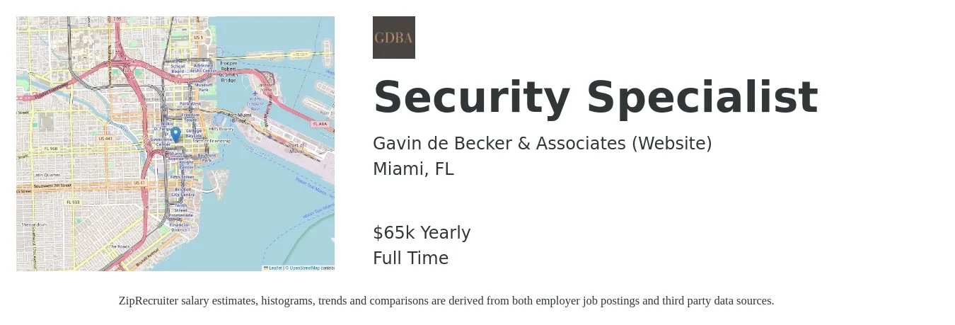 Gavin de Becker & Associates job posting for a Security Specialist in Miami, FL with a salary of $65,000 Yearly with a map of Miami location.