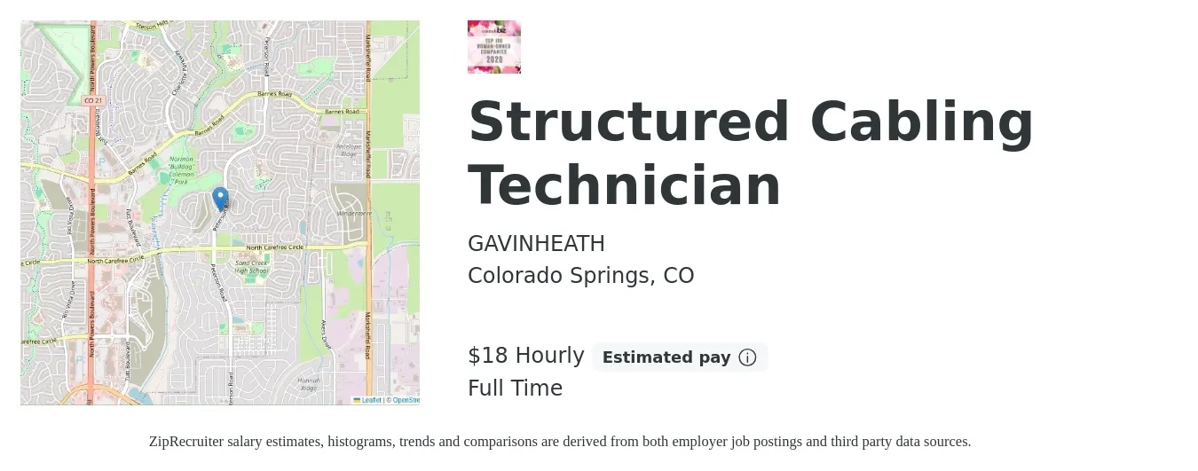 GAVINHEATH job posting for a Structured Cabling Technician in Colorado Springs, CO with a salary of $19 Hourly with a map of Colorado Springs location.