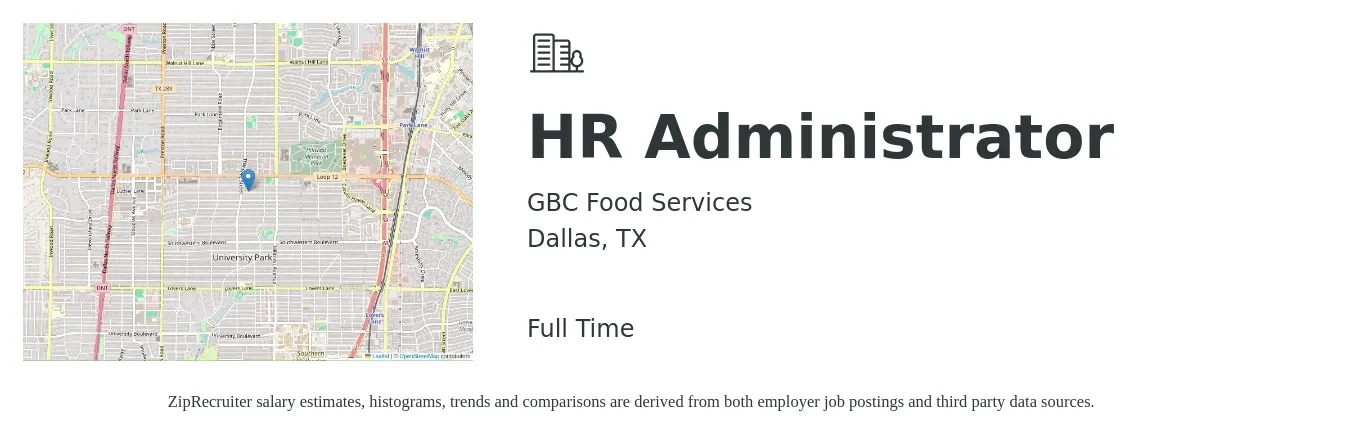 GBC Food Services job posting for a HR Administrator in Dallas, TX with a salary of $48,535 to $55,000 Yearly with a map of Dallas location.