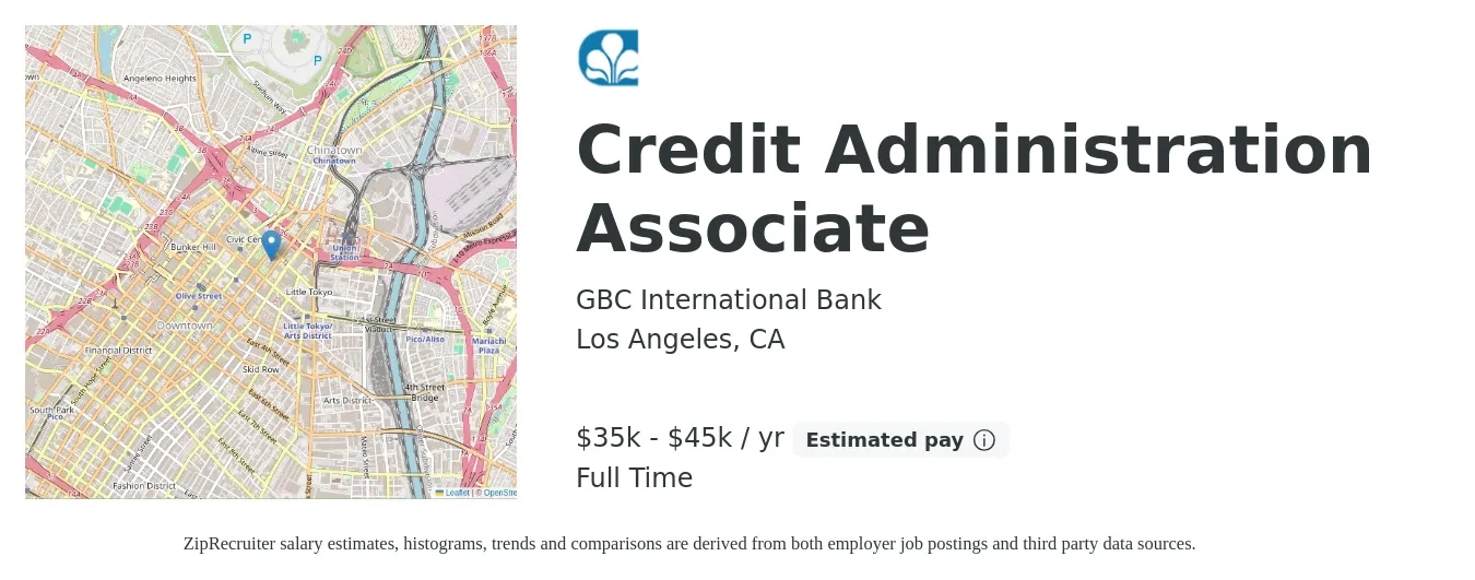 GBC International Bank job posting for a Credit Administration Associate in Los Angeles, CA with a salary of $35,000 to $45,000 Yearly with a map of Los Angeles location.