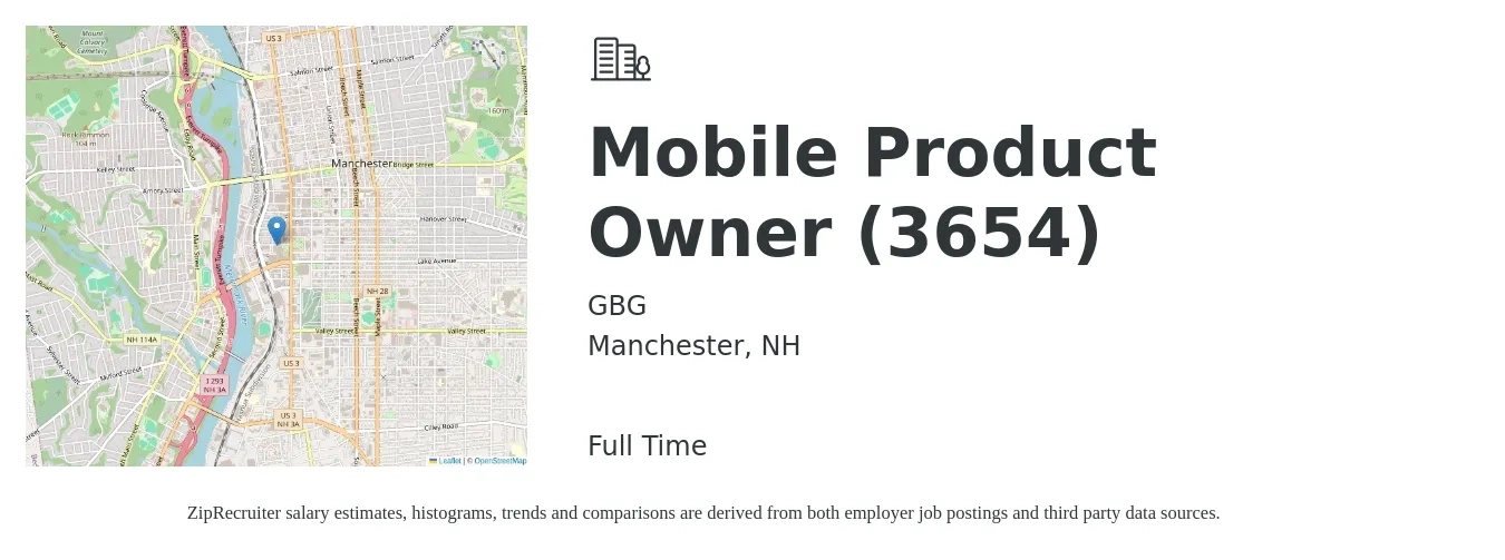 GBG job posting for a Mobile Product Owner (3654) in Manchester, NH with a salary of $93,100 to $128,900 Yearly with a map of Manchester location.