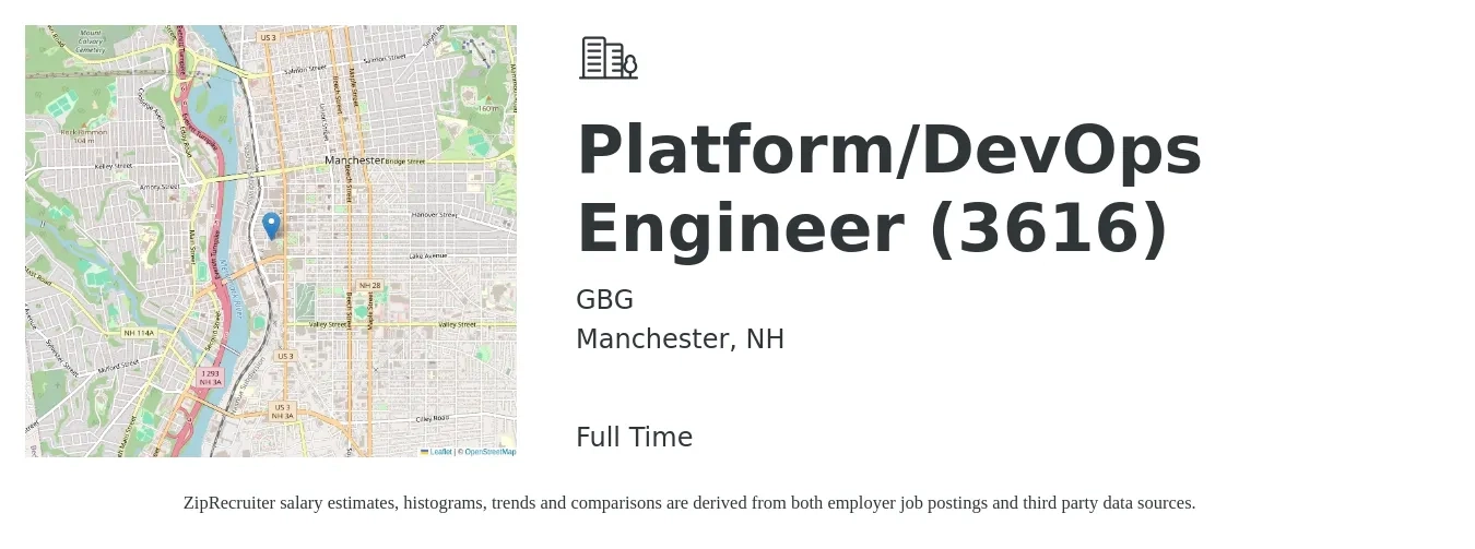 GBG job posting for a Platform/DevOps Engineer (3616) in Manchester, NH with a salary of $52 to $72 Hourly with a map of Manchester location.
