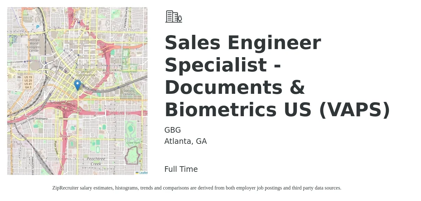 GBG job posting for a Sales Engineer Specialist - Documents & Biometrics US (VAPS) in Atlanta, GA with a salary of $56,300 to $100,500 Yearly with a map of Atlanta location.