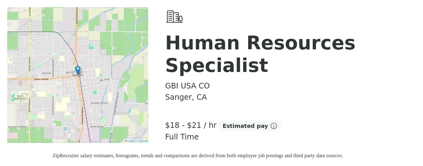 GBI USA CO job posting for a Human Resources Specialist in Sanger, CA with a salary of $19 to $22 Hourly with a map of Sanger location.