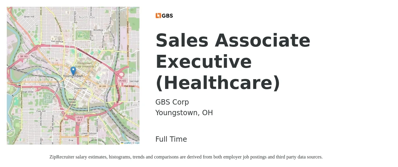 GBS Corp job posting for a Sales Associate Executive (Healthcare) in Youngstown, OH with a salary of $13 to $18 Hourly with a map of Youngstown location.