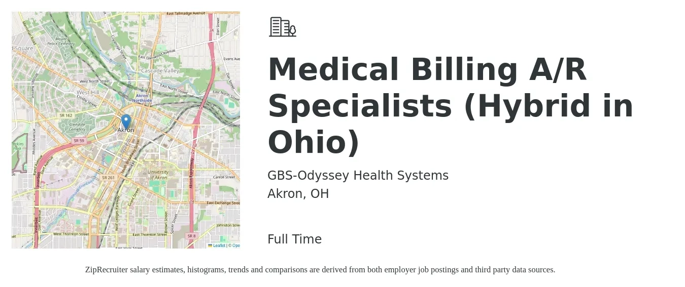 GBS-Odyssey Health Systems job posting for a Medical Billing A/R Specialists (Hybrid in Ohio) in Akron, OH with a salary of $18 to $22 Hourly with a map of Akron location.