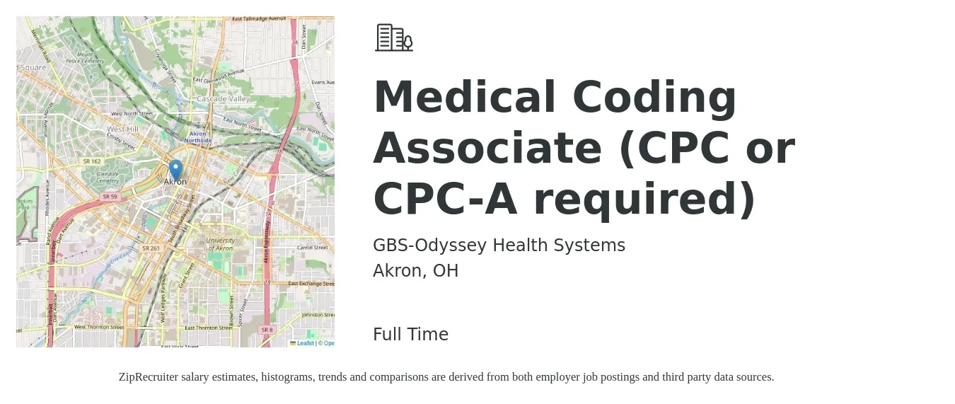 GBS-Odyssey Health Systems job posting for a Medical Coding Associate (CPC or CPC-A required) in Akron, OH with a salary of $22 to $30 Hourly with a map of Akron location.
