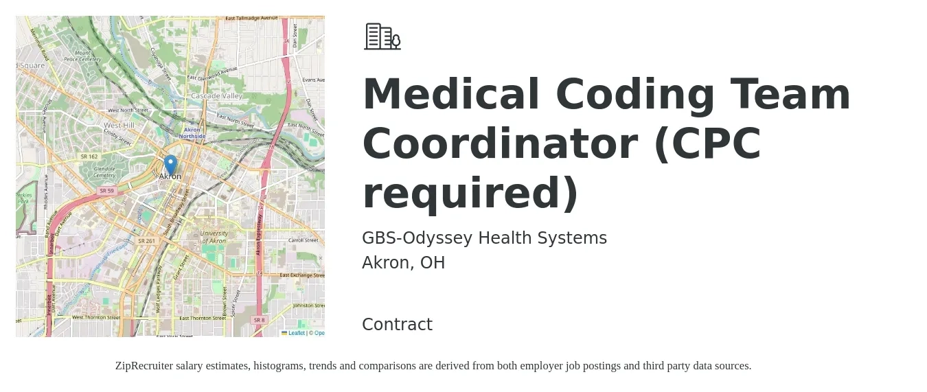 GBS-Odyssey Health Systems job posting for a Medical Coding Team Coordinator (CPC required) in Akron, OH with a salary of $27 to $27 Hourly with a map of Akron location.
