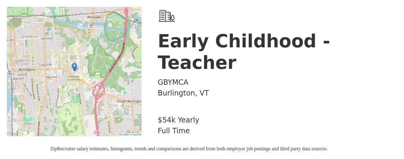 GBYMCA job posting for a Early Childhood - Teacher in Burlington, VT with a salary of $54,080 Yearly with a map of Burlington location.