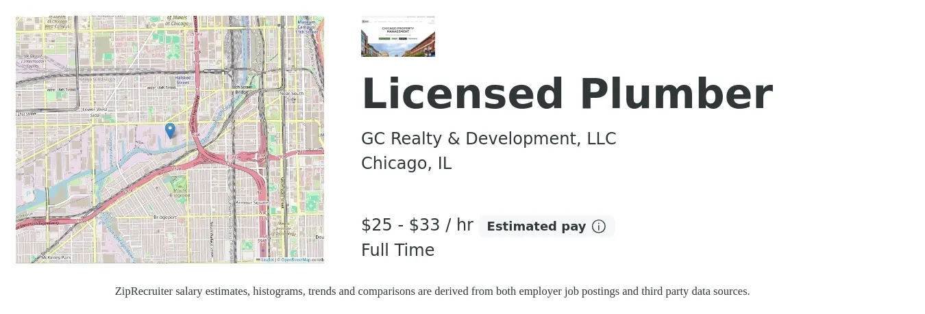 GC Realty & Development, LLC job posting for a Licensed Plumber in Chicago, IL with a salary of $27 to $35 Hourly with a map of Chicago location.