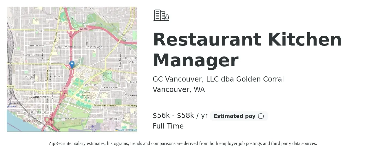 GC Vancouver, LLC dba Golden Corral job posting for a Restaurant Kitchen Manager in Vancouver, WA with a salary of $56,000 to $58,000 Yearly with a map of Vancouver location.
