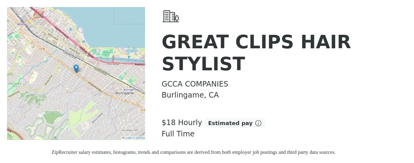 GCCA COMPANIES job posting for a GREAT CLIPS HAIR STYLIST in Burlingame, CA with a salary of $19 Hourly with a map of Burlingame location.
