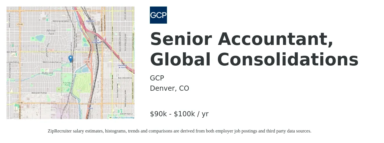 GCP job posting for a Senior Accountant, Global Consolidations in Denver, CO with a salary of $76,200 to $95,700 Yearly with a map of Denver location.