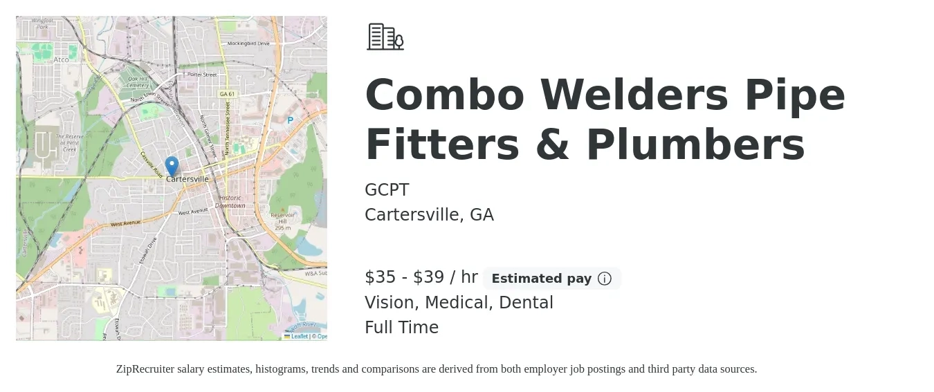 GCPT job posting for a Combo Welders Pipe Fitters & Plumbers in Cartersville, GA with a salary of $37 to $42 Hourly and benefits including vision, dental, life_insurance, medical, and retirement with a map of Cartersville location.